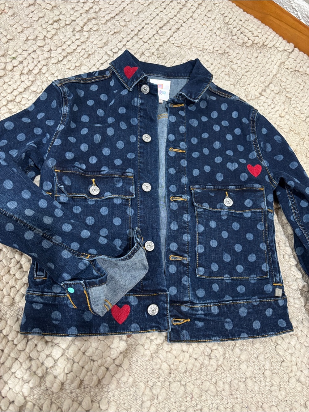 Women’s soft Polka Dot Denim Jacket with Red Heart Accents (Jackson)